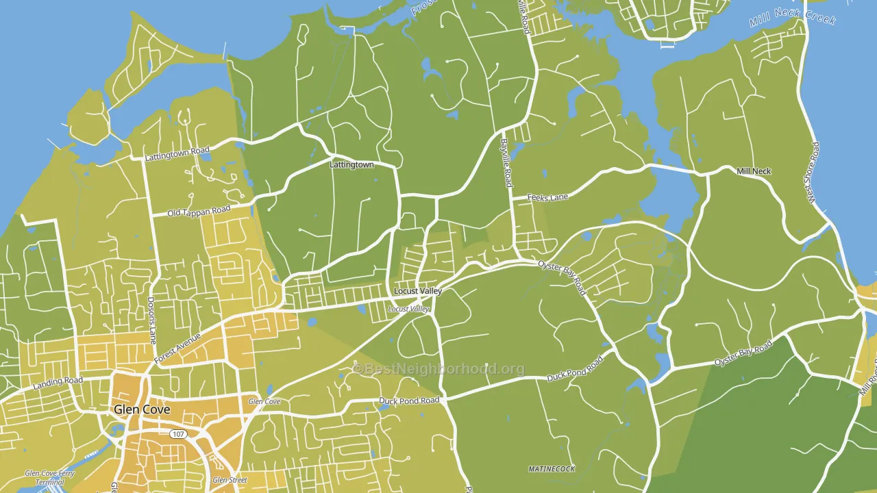Map of the best neighborhoods in the Locust Valley area, with better matches in green and worse matches in red