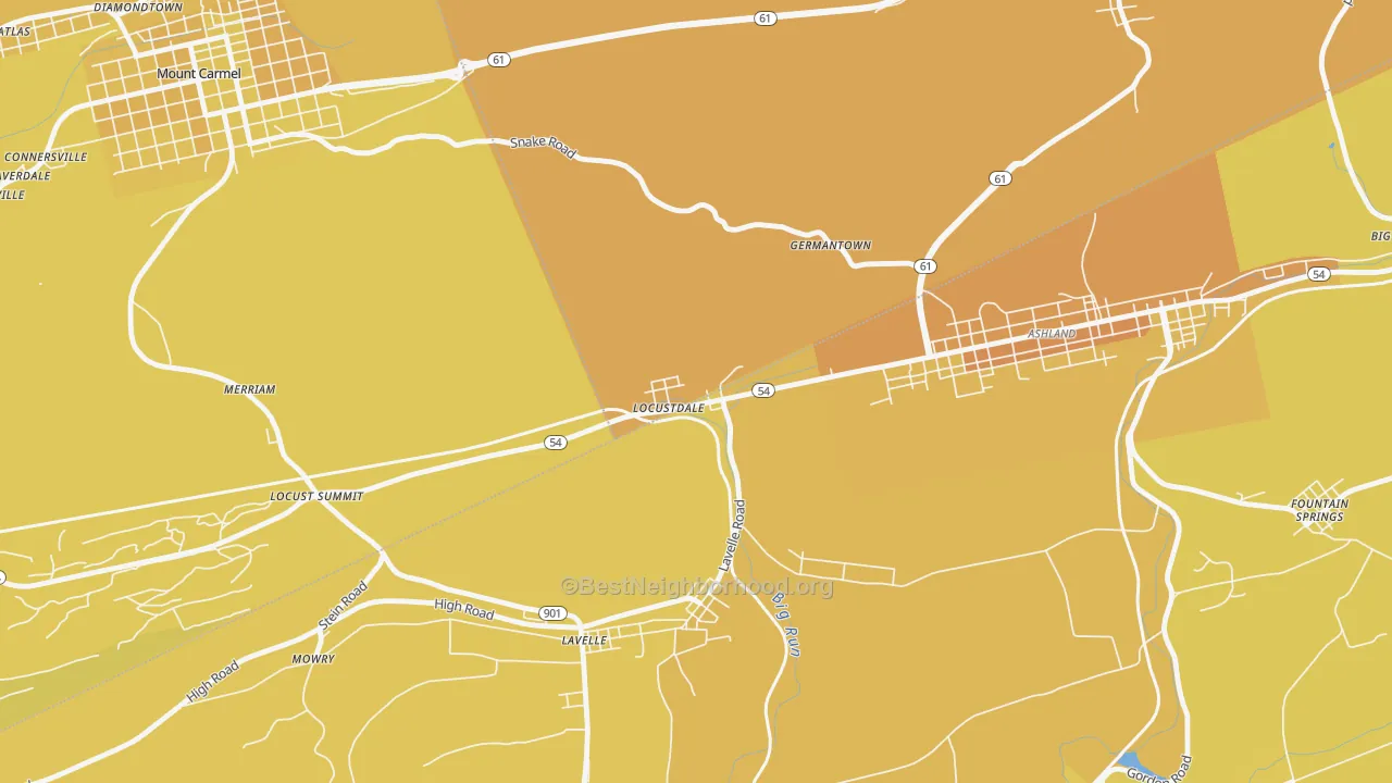 Map of the best neighborhoods in the Locustdale area, with better matches in green and worse matches in red
