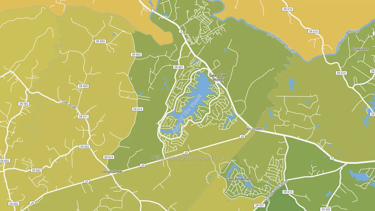 Map of the best neighborhoods in the Locust Grove area, with better matches in green and worse matches in red
