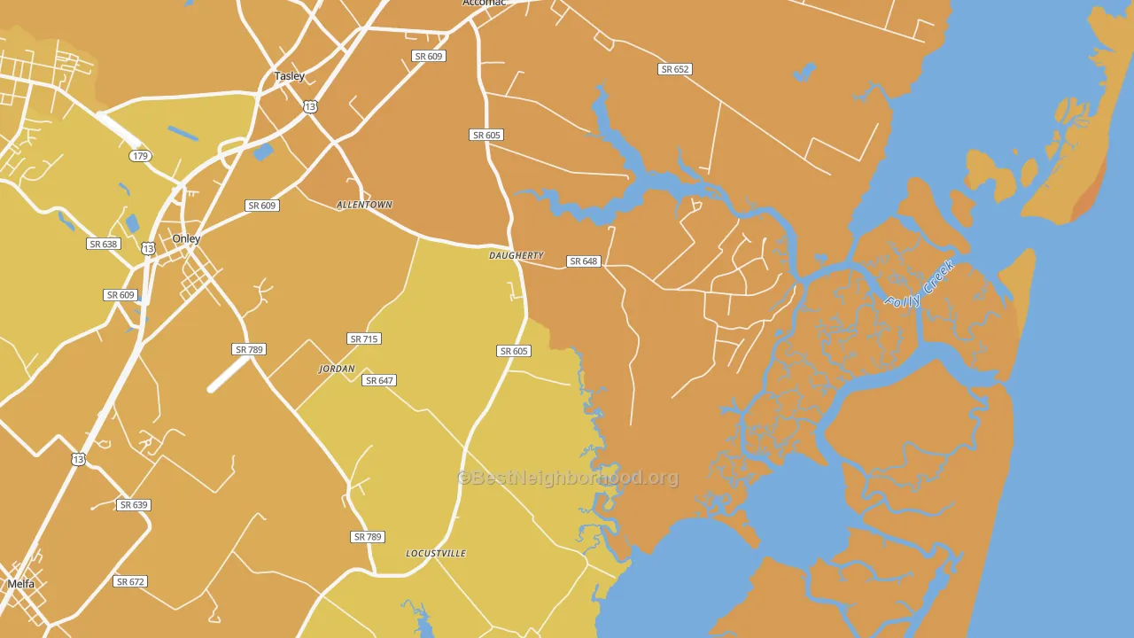 Map of the best neighborhoods in the Locustville area, with better matches in green and worse matches in red