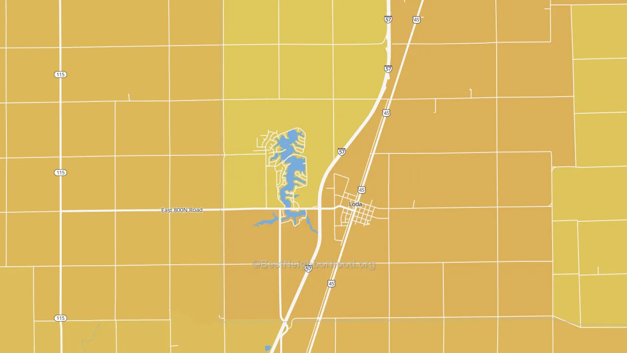 Map of the best neighborhoods in the Loda area, with better matches in green and worse matches in red
