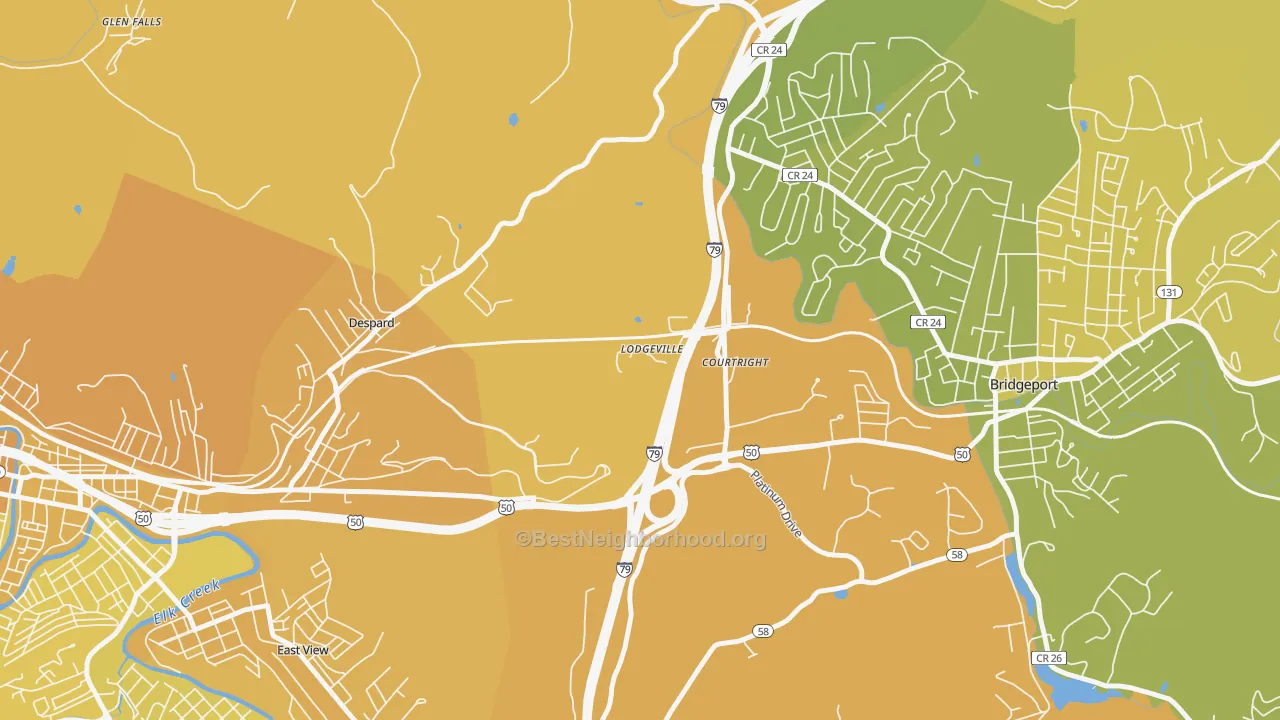 Map of the best neighborhoods in the Lodgeville area, with better matches in green and worse matches in red