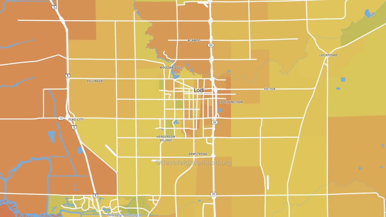 Map of the best neighborhoods in the Lodi area, with better matches in green and worse matches in red