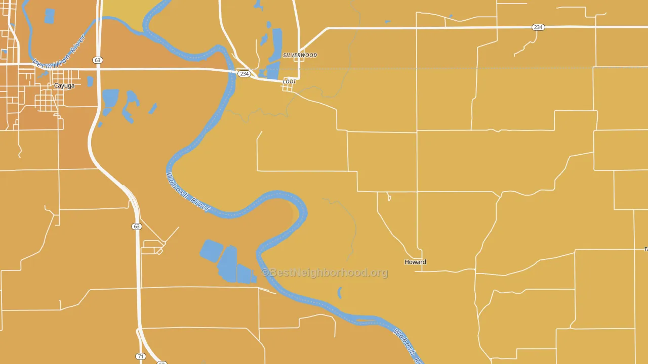 Map of the best neighborhoods in the Lodi area, with better matches in green and worse matches in red