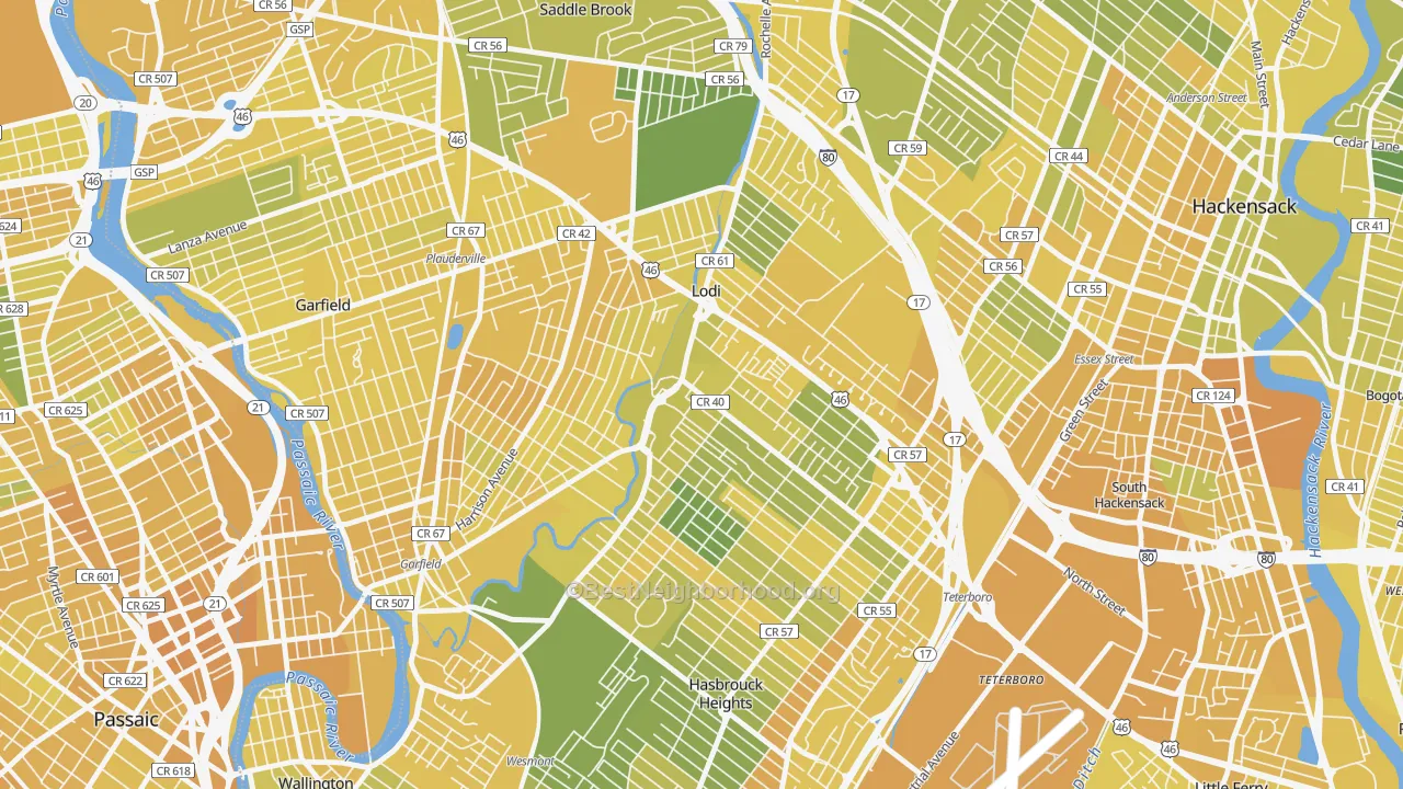 Map of the best neighborhoods in the Lodi area, with better matches in green and worse matches in red