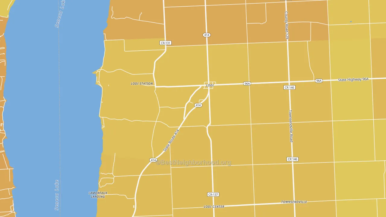 Map of the best neighborhoods in the Lodi area, with better matches in green and worse matches in red