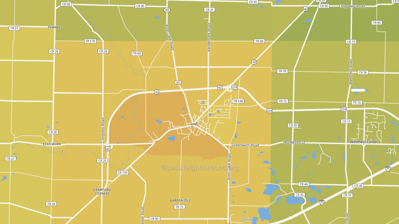 Map of the best neighborhoods in the Lodi area, with better matches in green and worse matches in red
