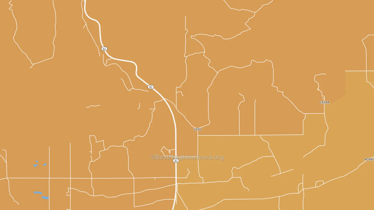 Map of the best neighborhoods in the Lodi area, with better matches in green and worse matches in red