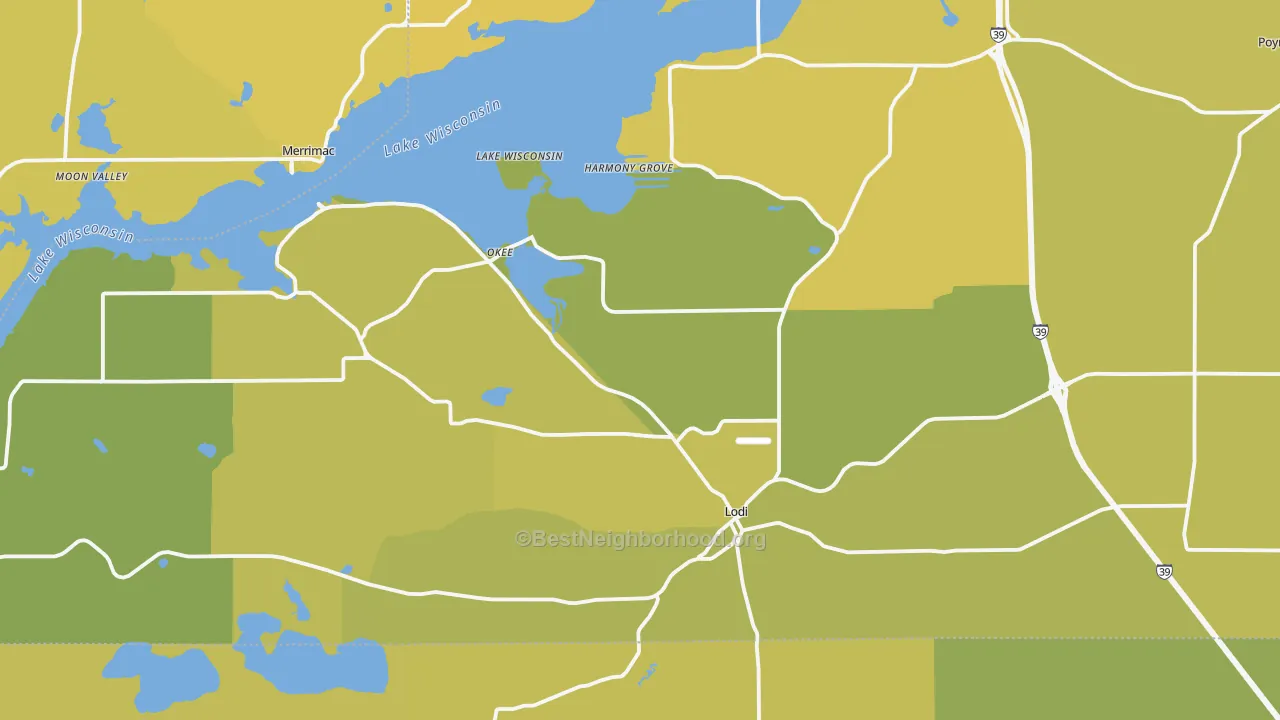 Map of the best neighborhoods in the Lodi area, with better matches in green and worse matches in red
