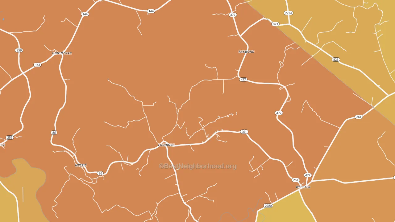 Map of the best neighborhoods in the Lodiburg area, with better matches in green and worse matches in red
