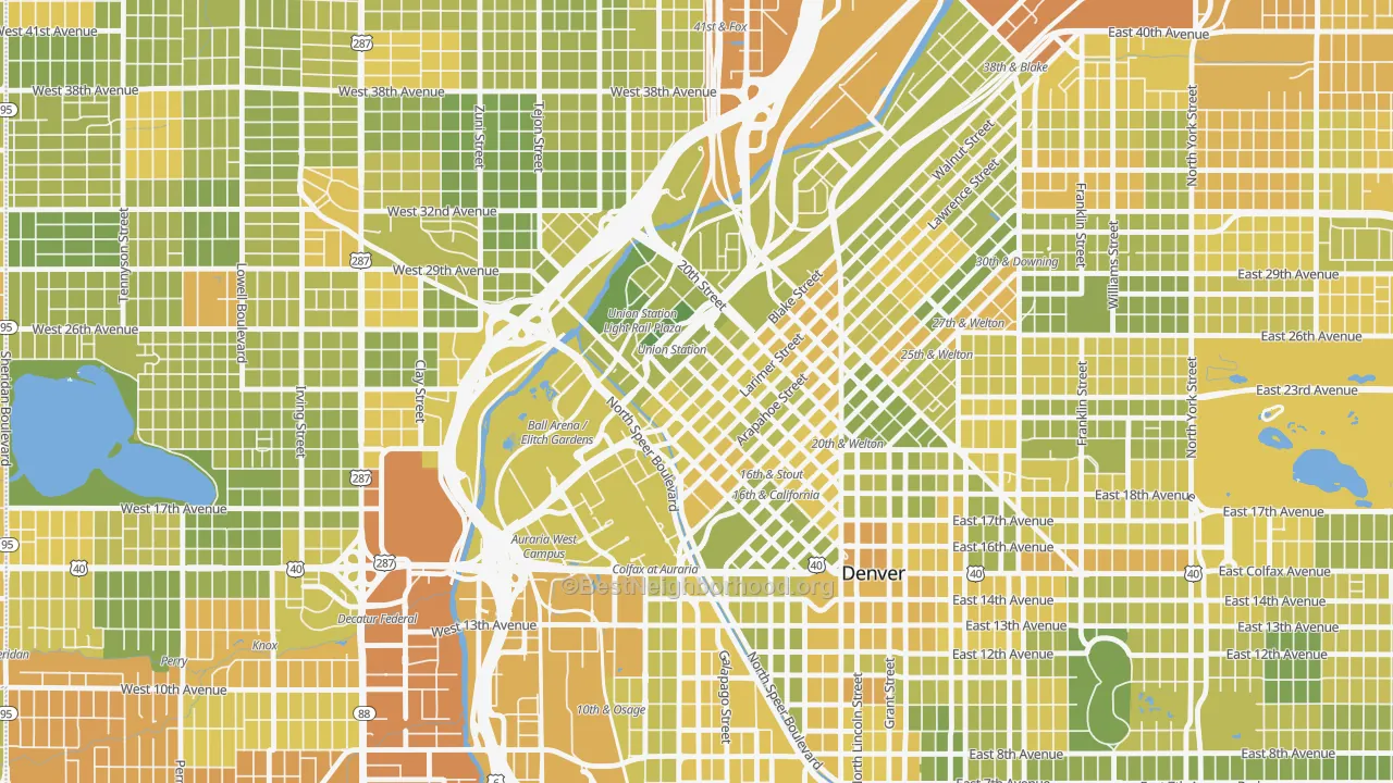 Map of the best neighborhoods in the Lodo, Denver area, with better matches in green and worse matches in red