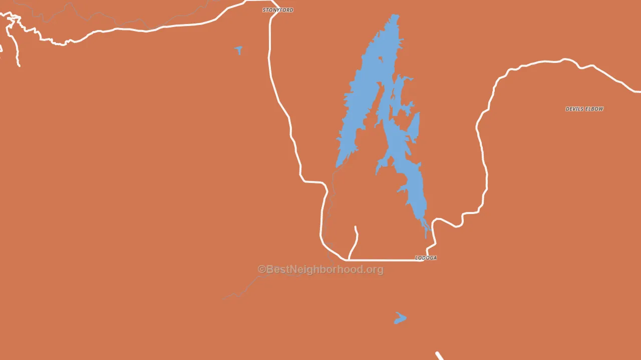 Map of the best neighborhoods in the Lodoga area, with better matches in green and worse matches in red