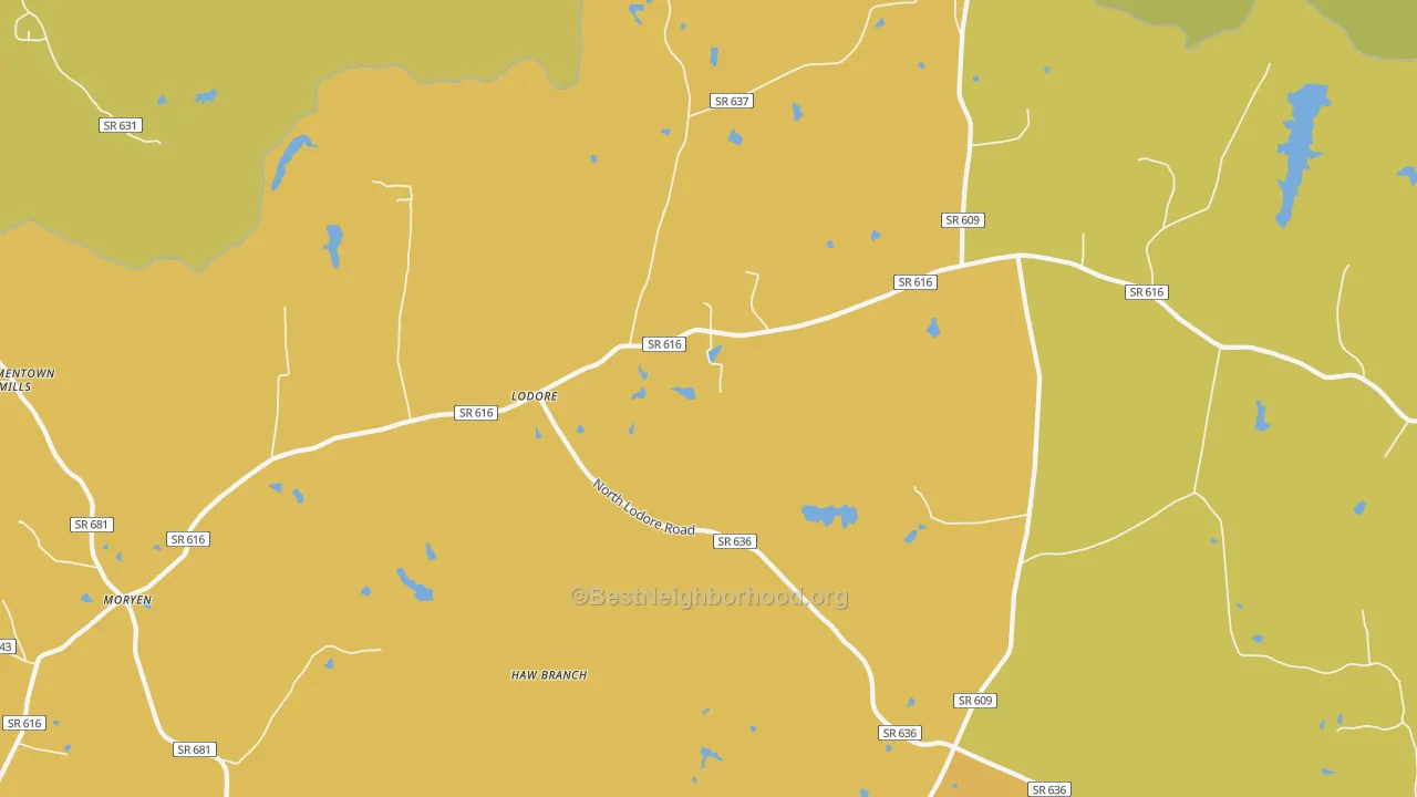 Map of the best neighborhoods in the Lodore area, with better matches in green and worse matches in red