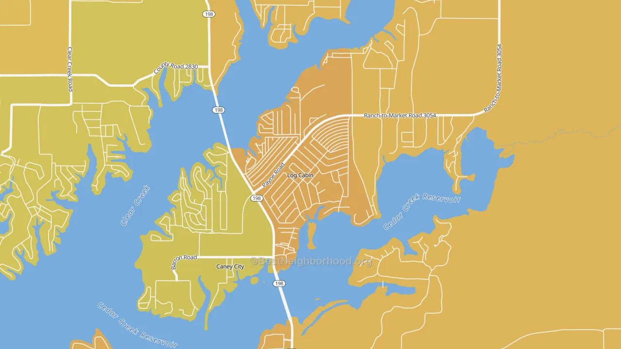 Map of the best neighborhoods in the Log Cabin area, with better matches in green and worse matches in red