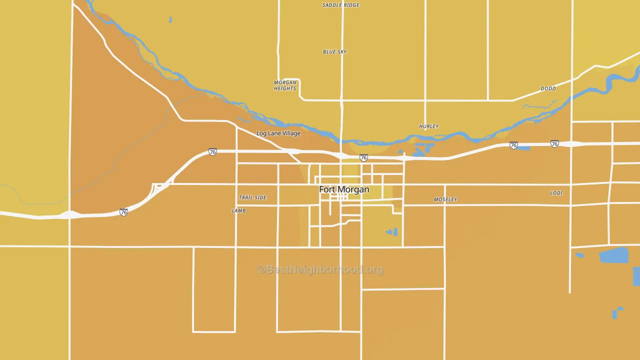 Map of the best neighborhoods in the Log Lane Village area, with better matches in green and worse matches in red