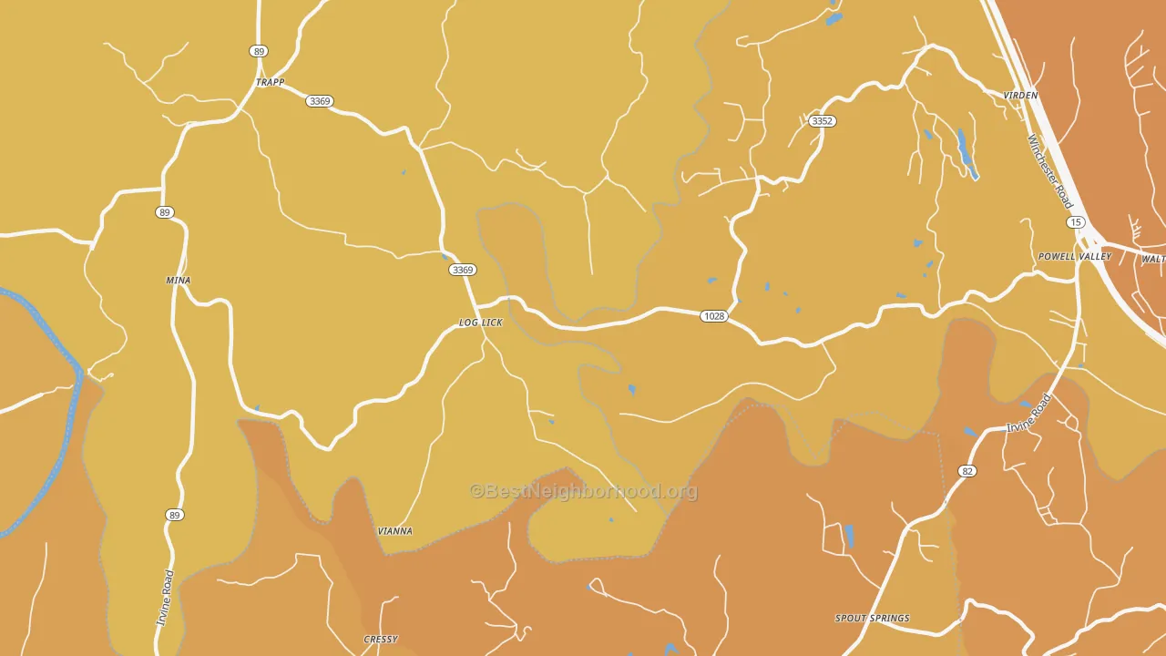 Map of the best neighborhoods in the Log Lick area, with better matches in green and worse matches in red