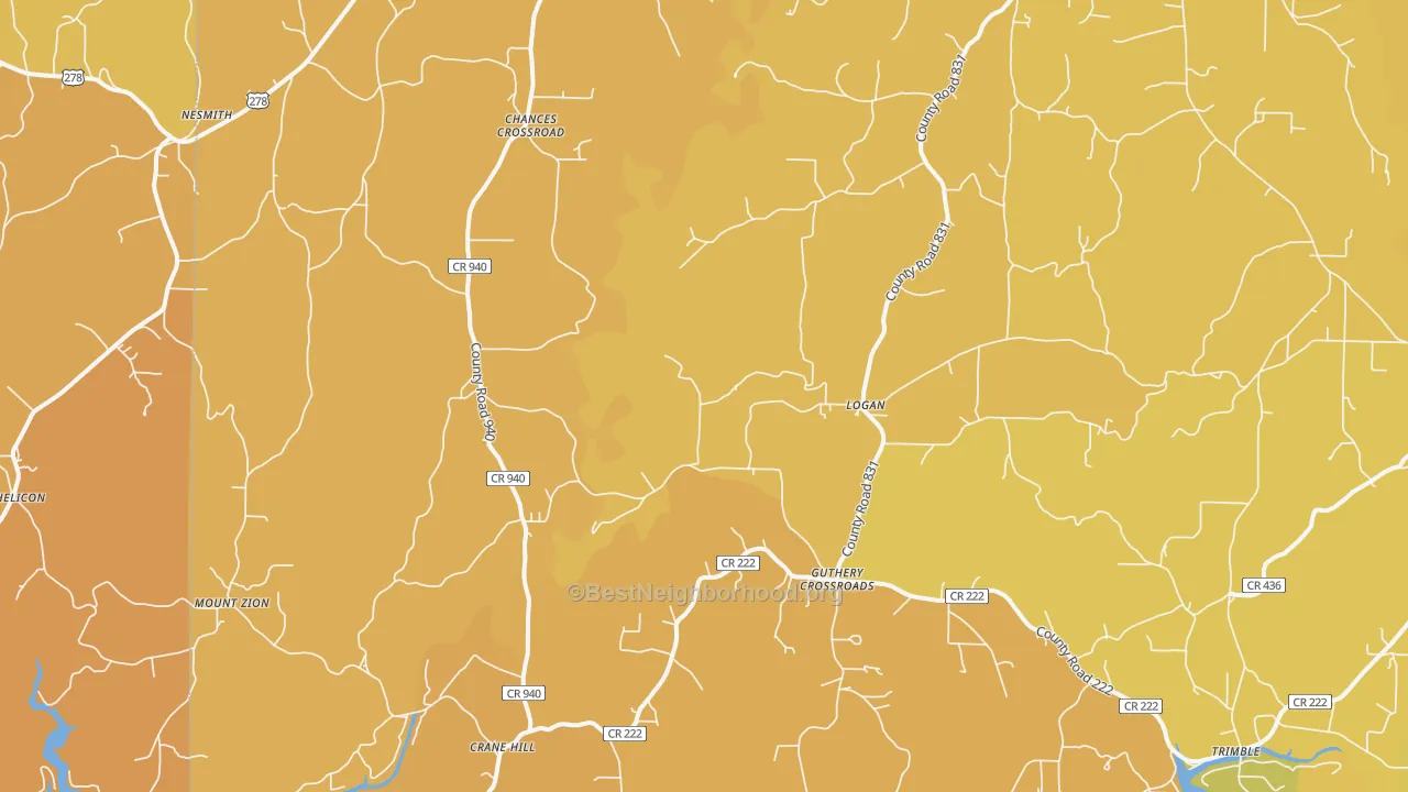 Map of the best neighborhoods in the Logan area, with better matches in green and worse matches in red