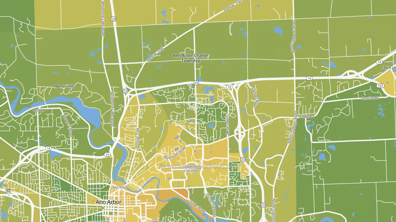 Map of the best neighborhoods in the Logan, Ann Arbor area, with better matches in green and worse matches in red