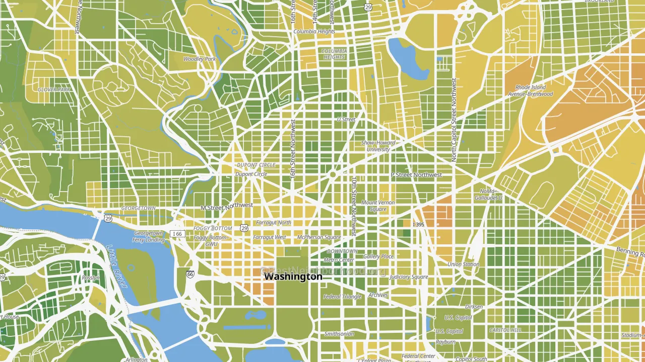 Map of the best neighborhoods in the Logan Circle, Washington area, with better matches in green and worse matches in red