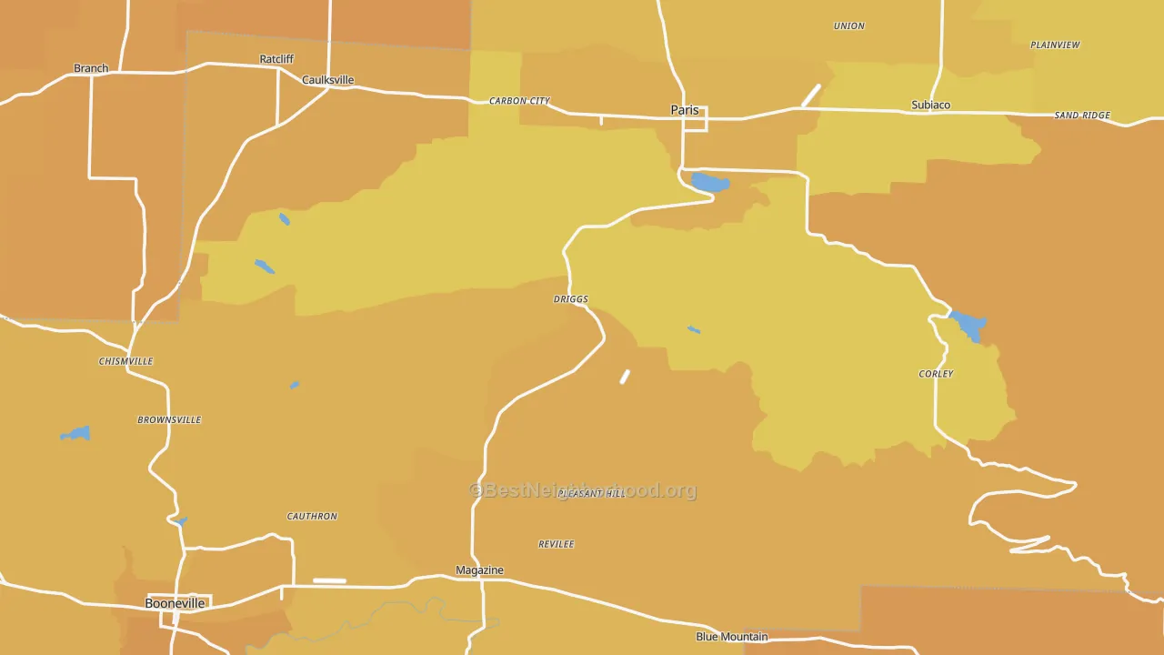 Map of the best neighborhoods in the Logan County area, with better matches in green and worse matches in red
