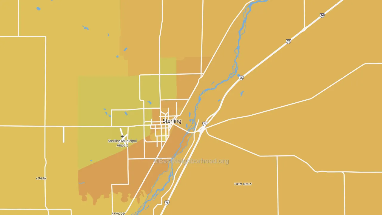 Map of the best neighborhoods in the Logan County area, with better matches in green and worse matches in red
