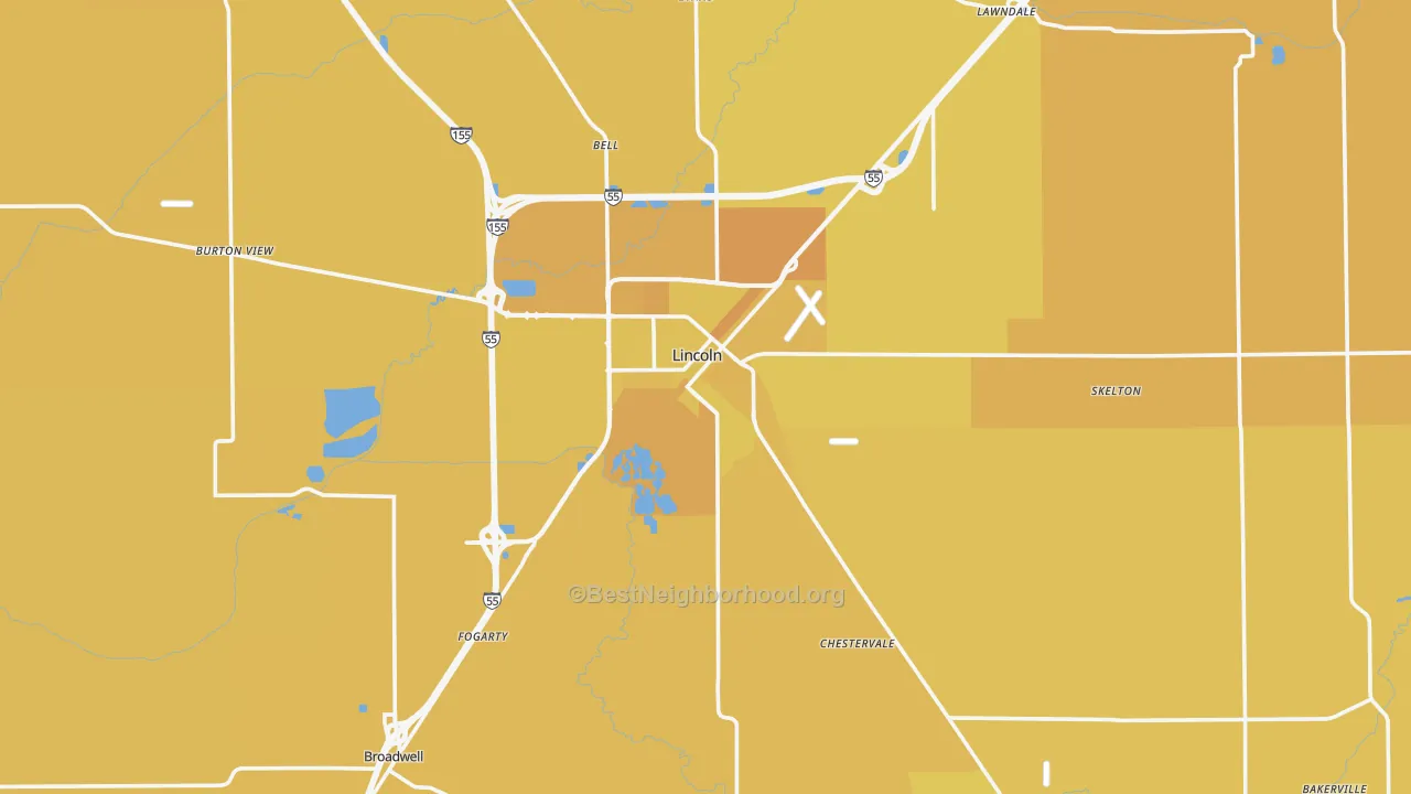 Map of the best neighborhoods in the Logan County area, with better matches in green and worse matches in red