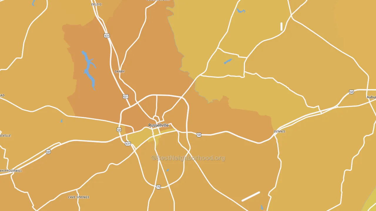 Map of the best neighborhoods in the Logan County area, with better matches in green and worse matches in red