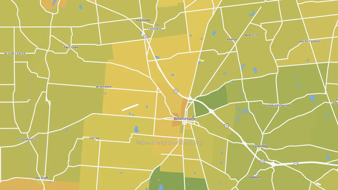 Map of the best neighborhoods in the Logan County area, with better matches in green and worse matches in red