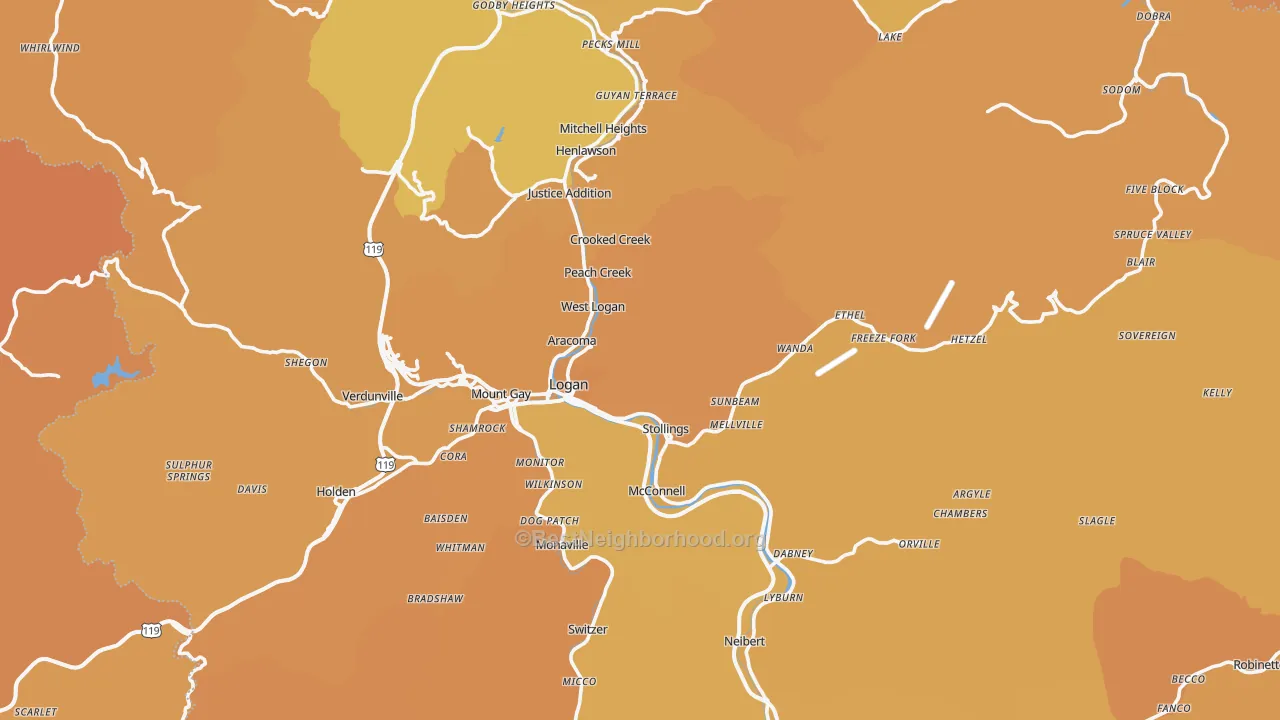 Map of the best neighborhoods in the Logan County area, with better matches in green and worse matches in red