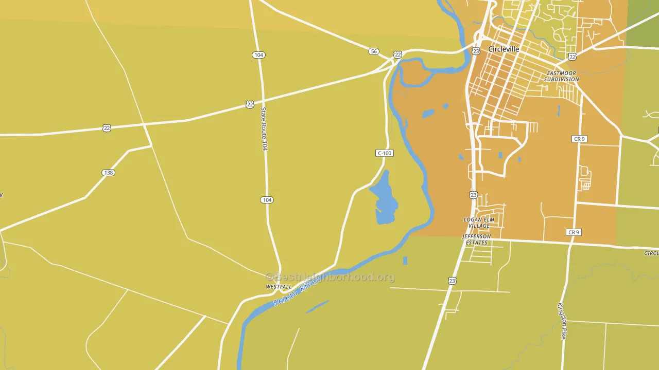 Map of the best neighborhoods in the Logan Elm Village area, with better matches in green and worse matches in red