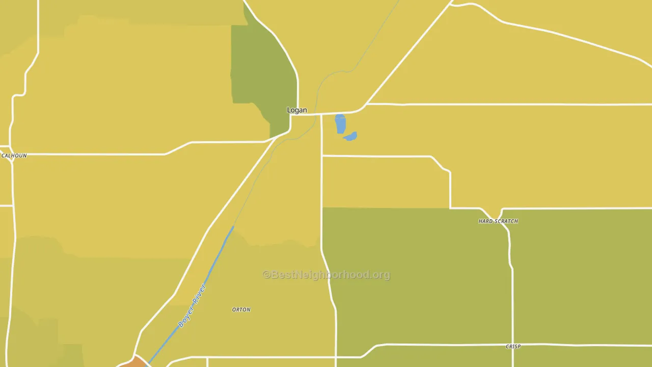 Map of the best neighborhoods in the Logan area, with better matches in green and worse matches in red