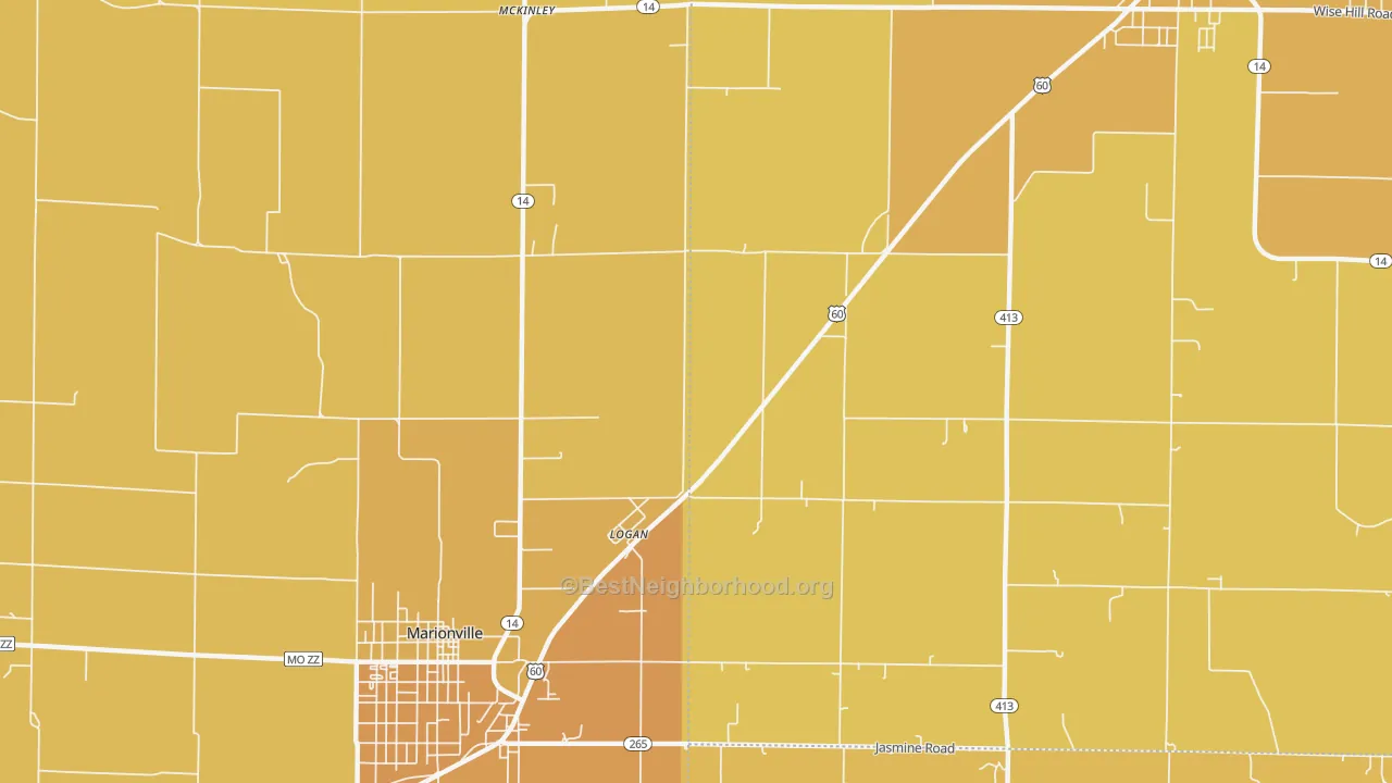 Map of the best neighborhoods in the Logan area, with better matches in green and worse matches in red