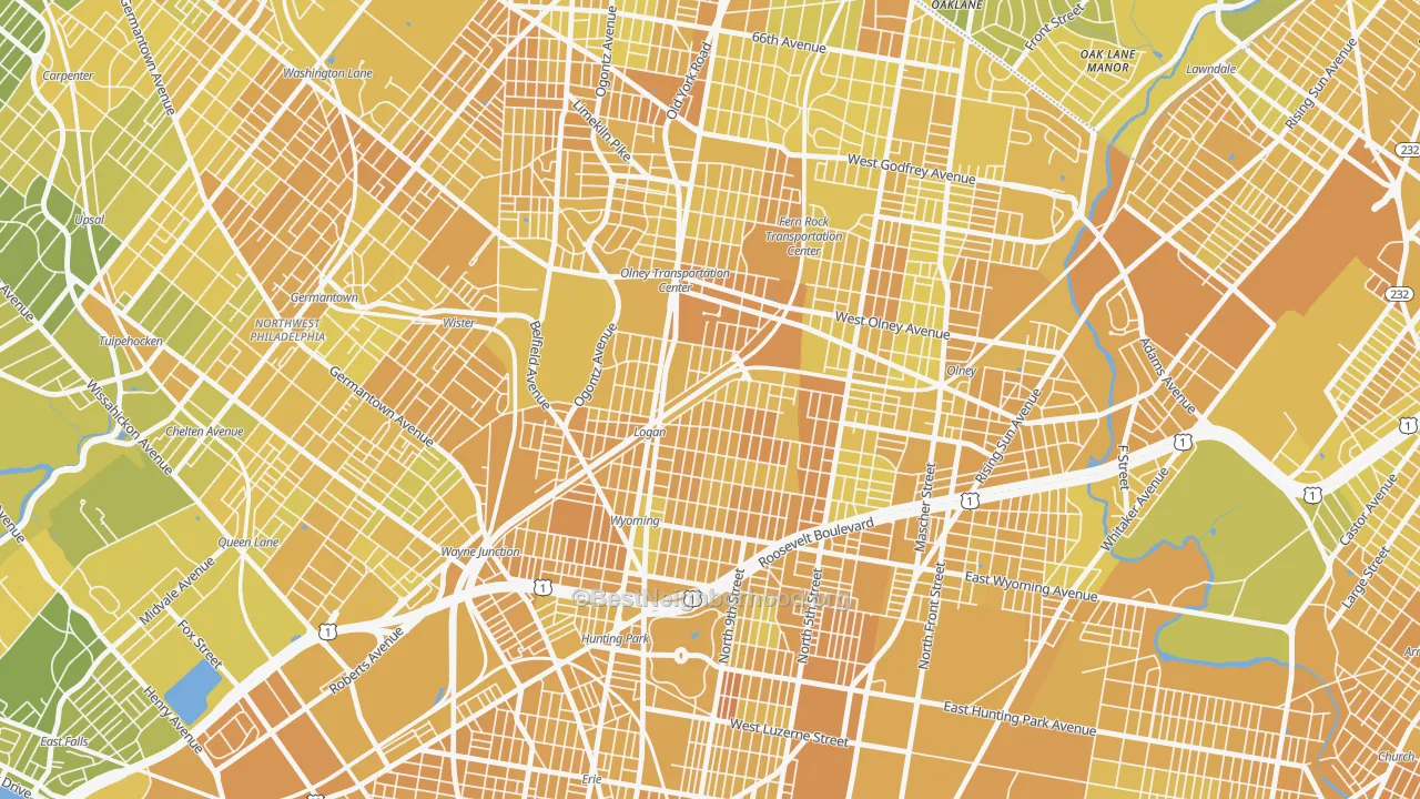 Map of the best neighborhoods in the Logan-Ogontz-Fern Rock, Philadelphia area, with better matches in green and worse matches in red