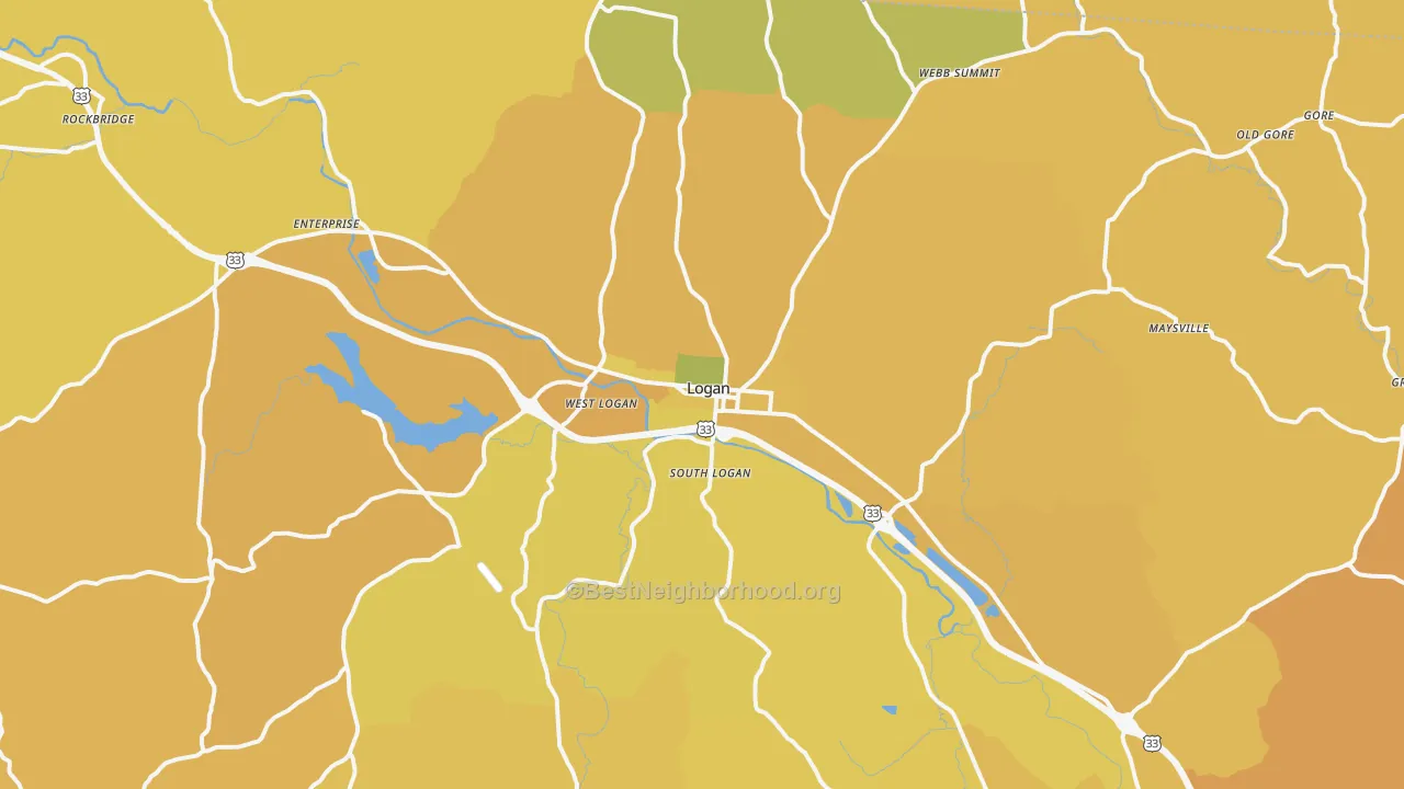 Map of the best neighborhoods in the Logan area, with better matches in green and worse matches in red