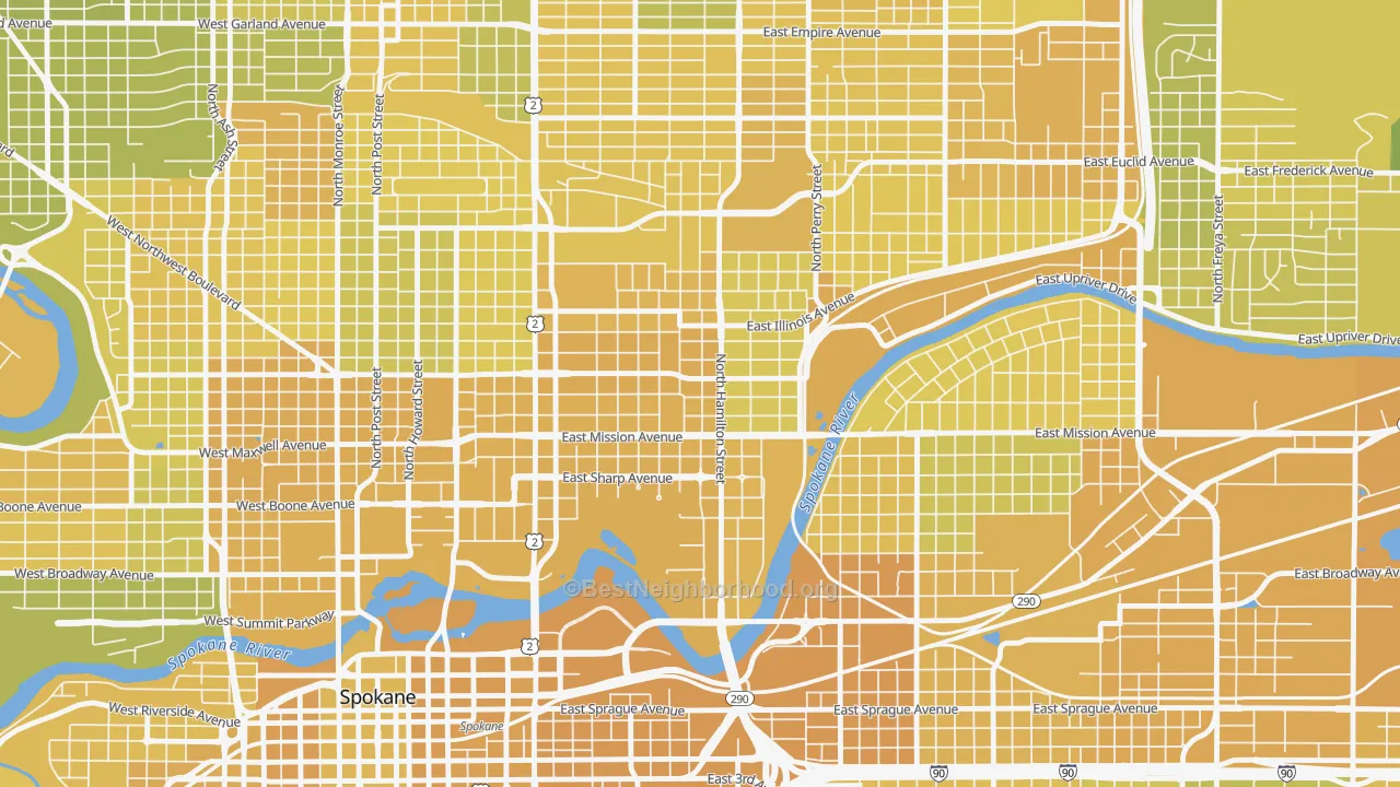 Map of the best neighborhoods in the Logan, Spokane area, with better matches in green and worse matches in red