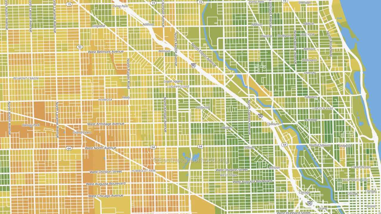 Map of the best neighborhoods in the Logan Square, Chicago area, with better matches in green and worse matches in red