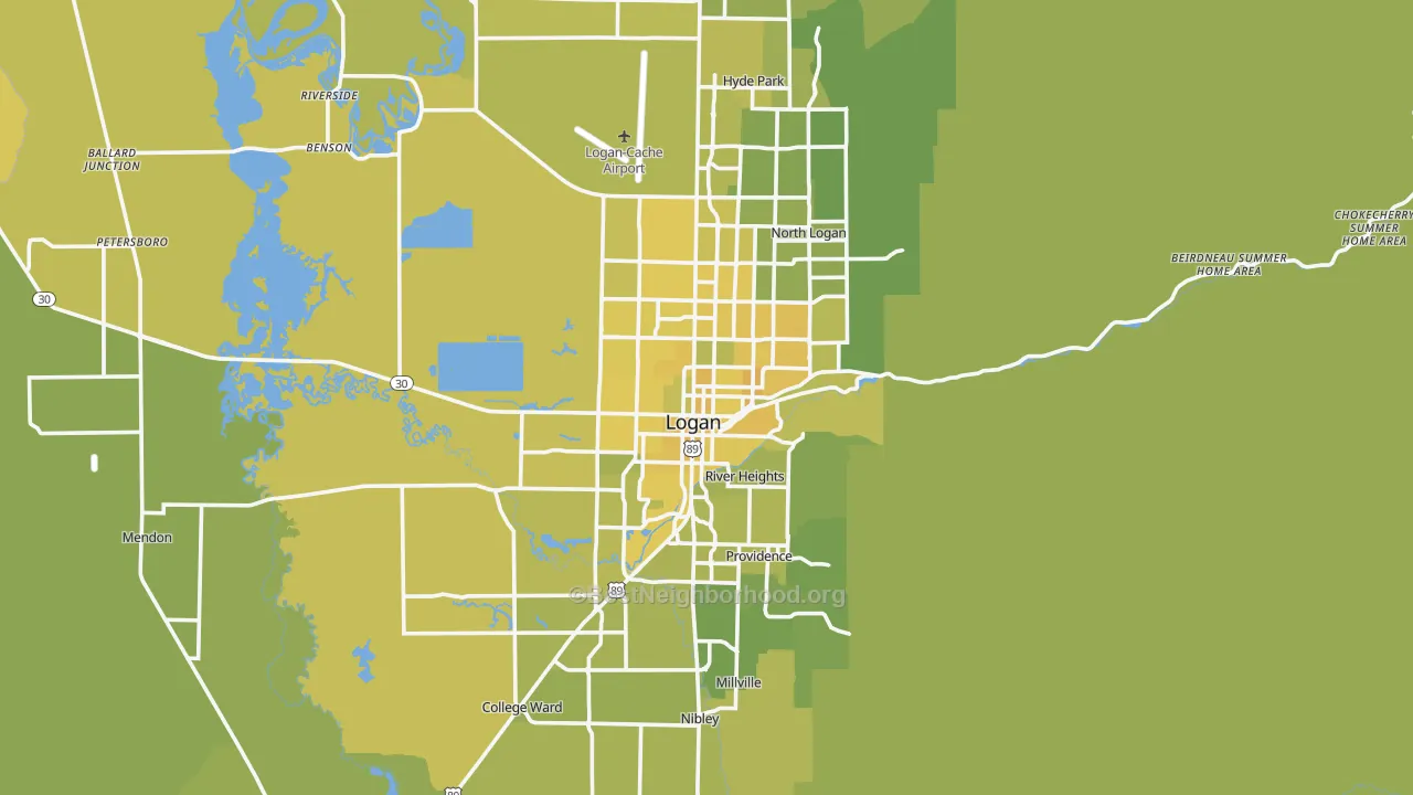 Map of the best neighborhoods in the Logan Metro area, with better matches in green and worse matches in red