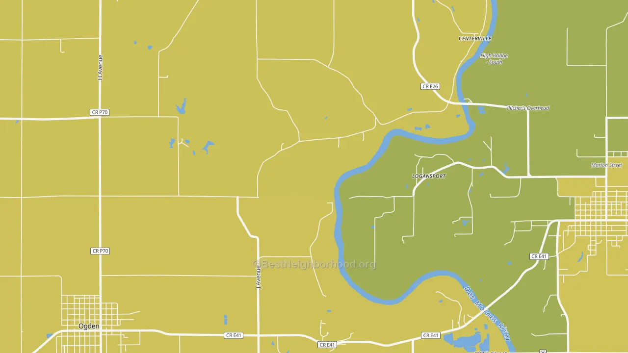 Map of the best neighborhoods in the Logansport area, with better matches in green and worse matches in red