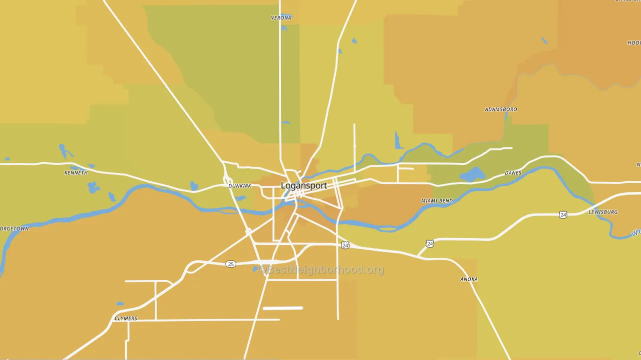 Map of the best neighborhoods in the Logansport area, with better matches in green and worse matches in red