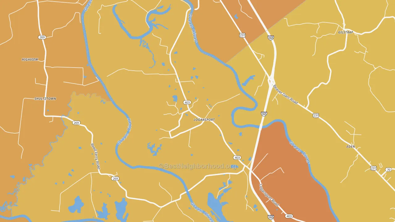 Map of the best neighborhoods in the Logansport area, with better matches in green and worse matches in red
