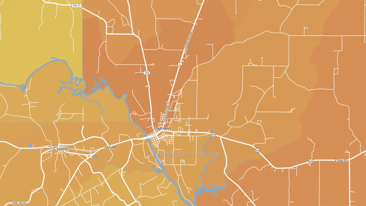 Map of the best neighborhoods in the Logansport area, with better matches in green and worse matches in red