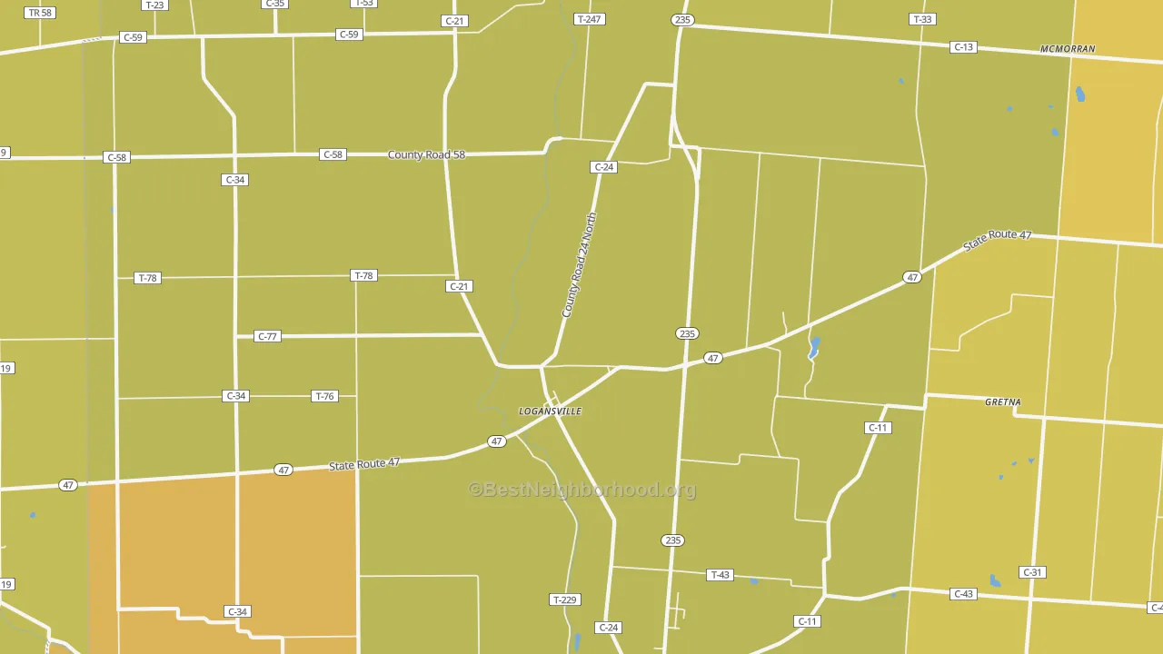 Map of the best neighborhoods in the Logansville area, with better matches in green and worse matches in red