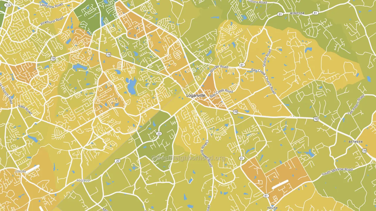 Map of the best neighborhoods in the Loganville area, with better matches in green and worse matches in red