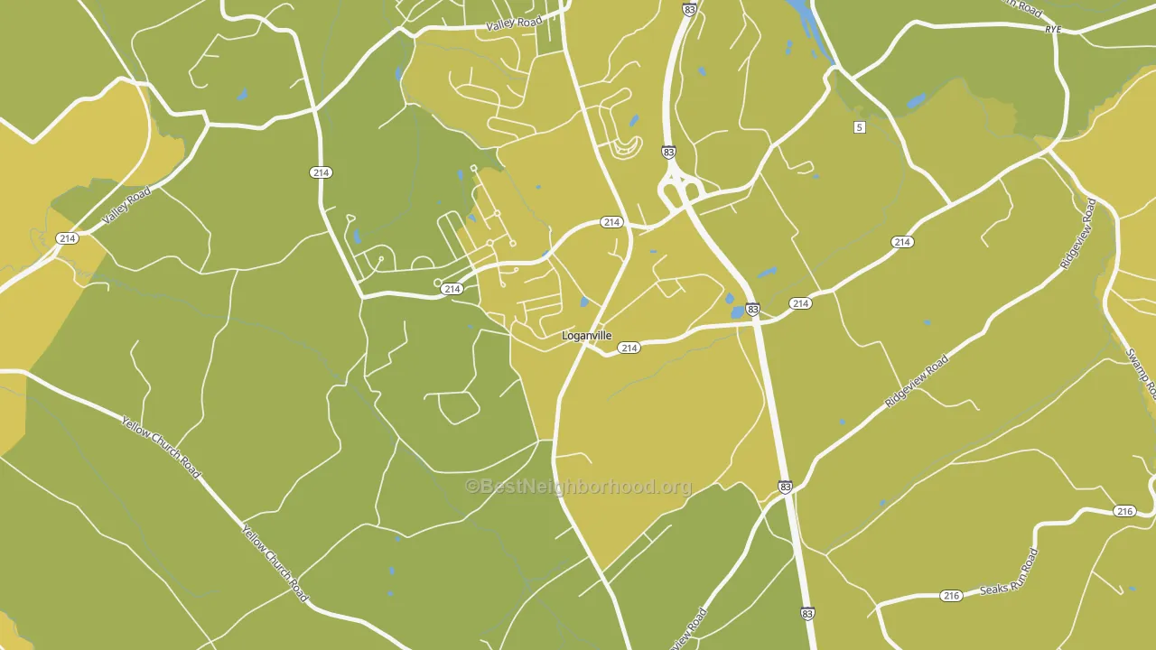 Map of the best neighborhoods in the Loganville area, with better matches in green and worse matches in red
