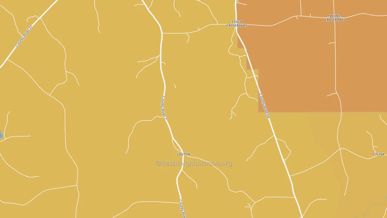 Map of the best neighborhoods in the Logton area, with better matches in green and worse matches in red