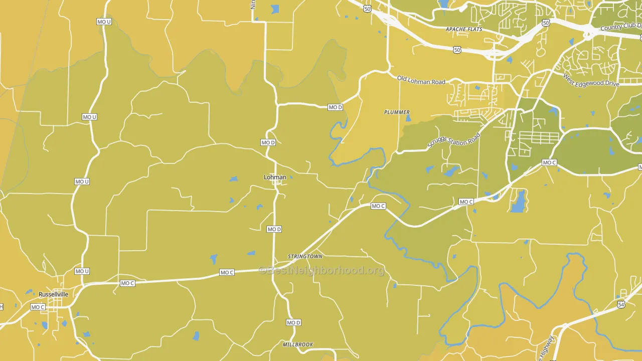 Map of the best neighborhoods in the Lohman area, with better matches in green and worse matches in red