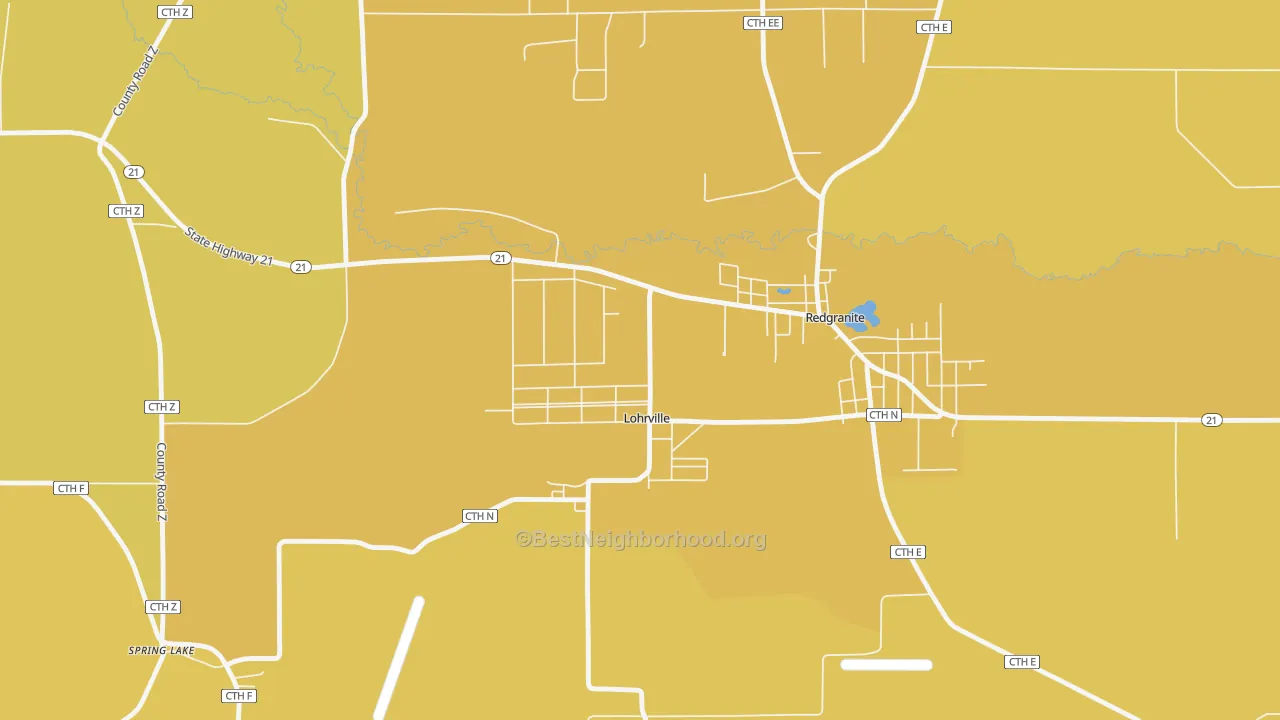 Map of the best neighborhoods in the Lohrville area, with better matches in green and worse matches in red