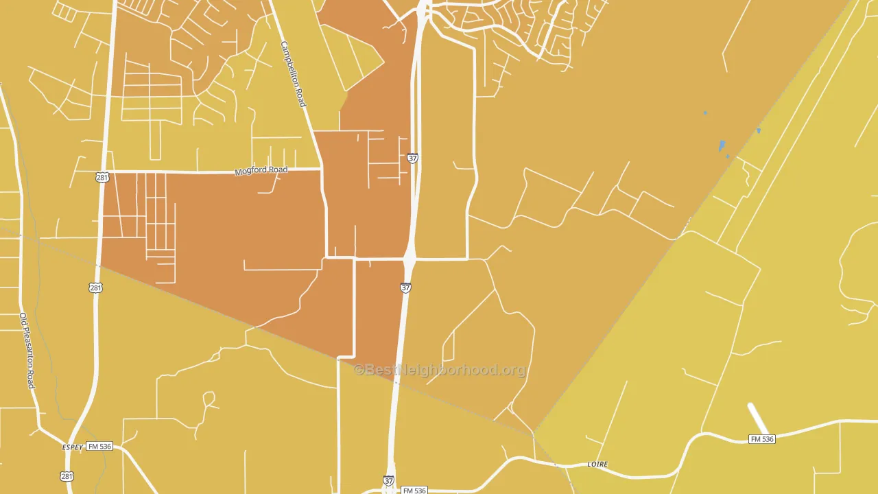 Map of the best neighborhoods in the Loire area, with better matches in green and worse matches in red