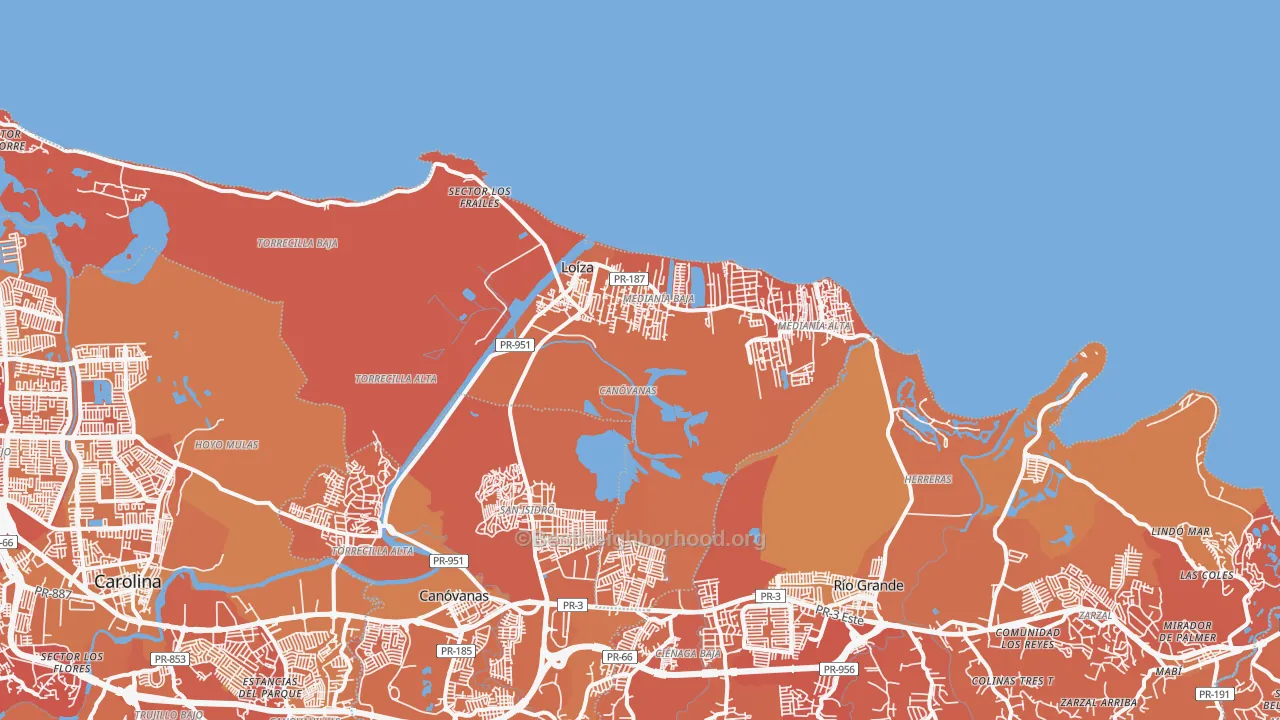 Map of the best neighborhoods in the Loiza Municipio area, with better matches in green and worse matches in red