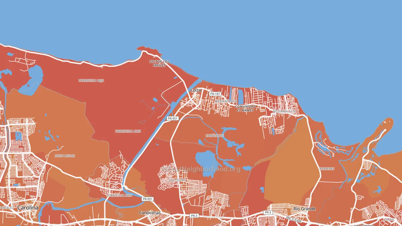 Map of the best neighborhoods in the Loiza area, with better matches in green and worse matches in red